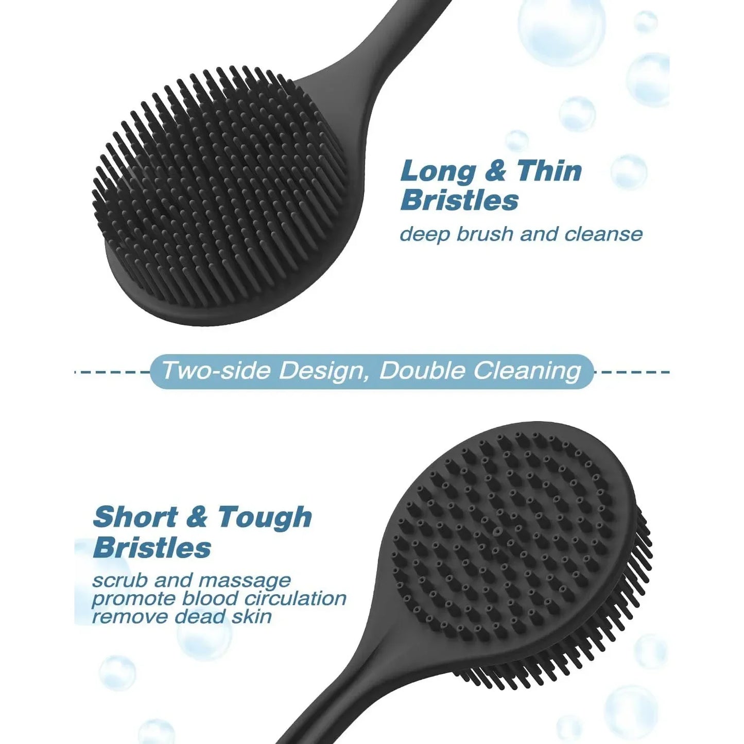 Silicone Bath Brush Double-Sided Shower Scrubbing Brush with Long Handle Exfoliating Body Scrub Back Massager Bathroom Soft Tool