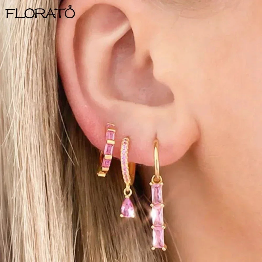 925 Sterling Silver Needle Cute Pink Heart Earrings 18K Gold Hoop Earrings for Women Fashion Puncture Jewelry Ear Accessories