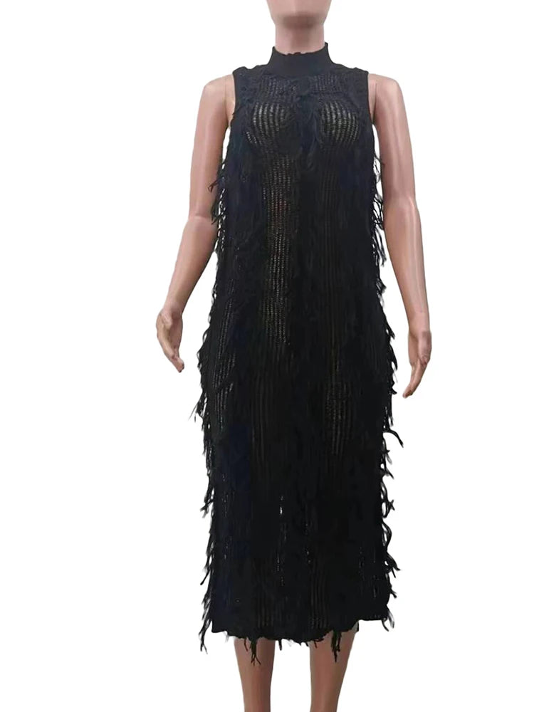 Weird Puss Knitted Tassel Women Maxi Dress Round Neck Sleeveless Solid Skinny Stretchy Sexy Fashion Hot Girl Nightclub Vestidos