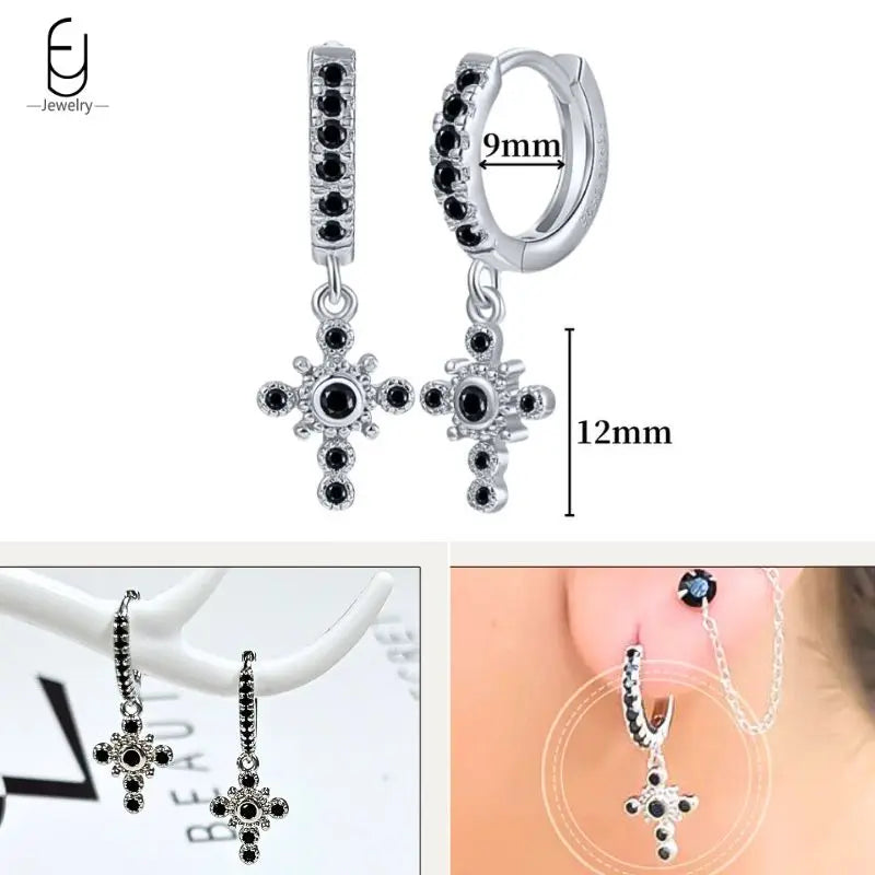 925 Sterling Silver Ear Buckles Fashion Hoop Earrings Black Crystal Pendant Silver Earrings High Quality Women's Jewelry Gifts