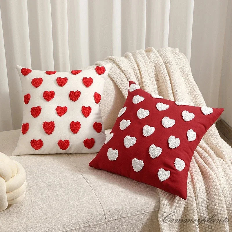 Woolen Embroidery Love Heart Cute Pillows Case Lovers Valentine Red Pink Luxury Plush Tufted Cotton Cushion Covers Couch Pillow