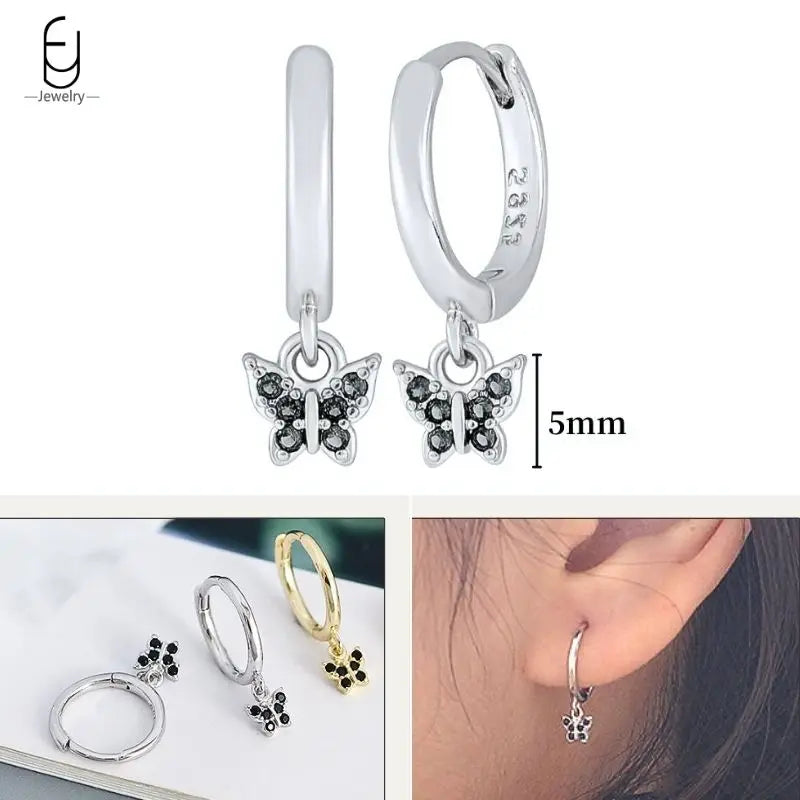 925 Sterling Silver Ear Buckles Fashion Hoop Earrings Black Crystal Pendant Silver Earrings High Quality Women's Jewelry Gifts