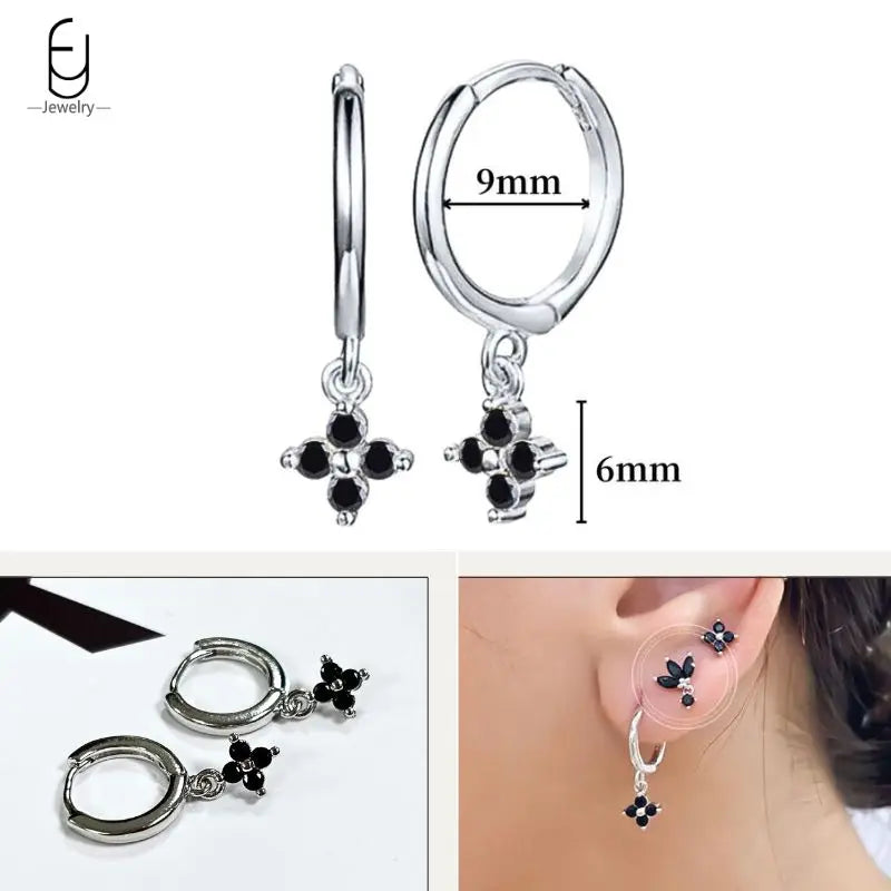 925 Sterling Silver Ear Buckles Fashion Hoop Earrings Black Crystal Pendant Silver Earrings High Quality Women's Jewelry Gifts